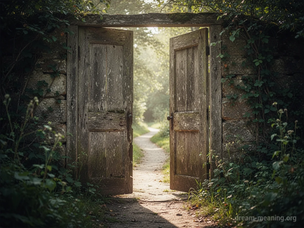 A slightly open wooden door with light shining through the gap.