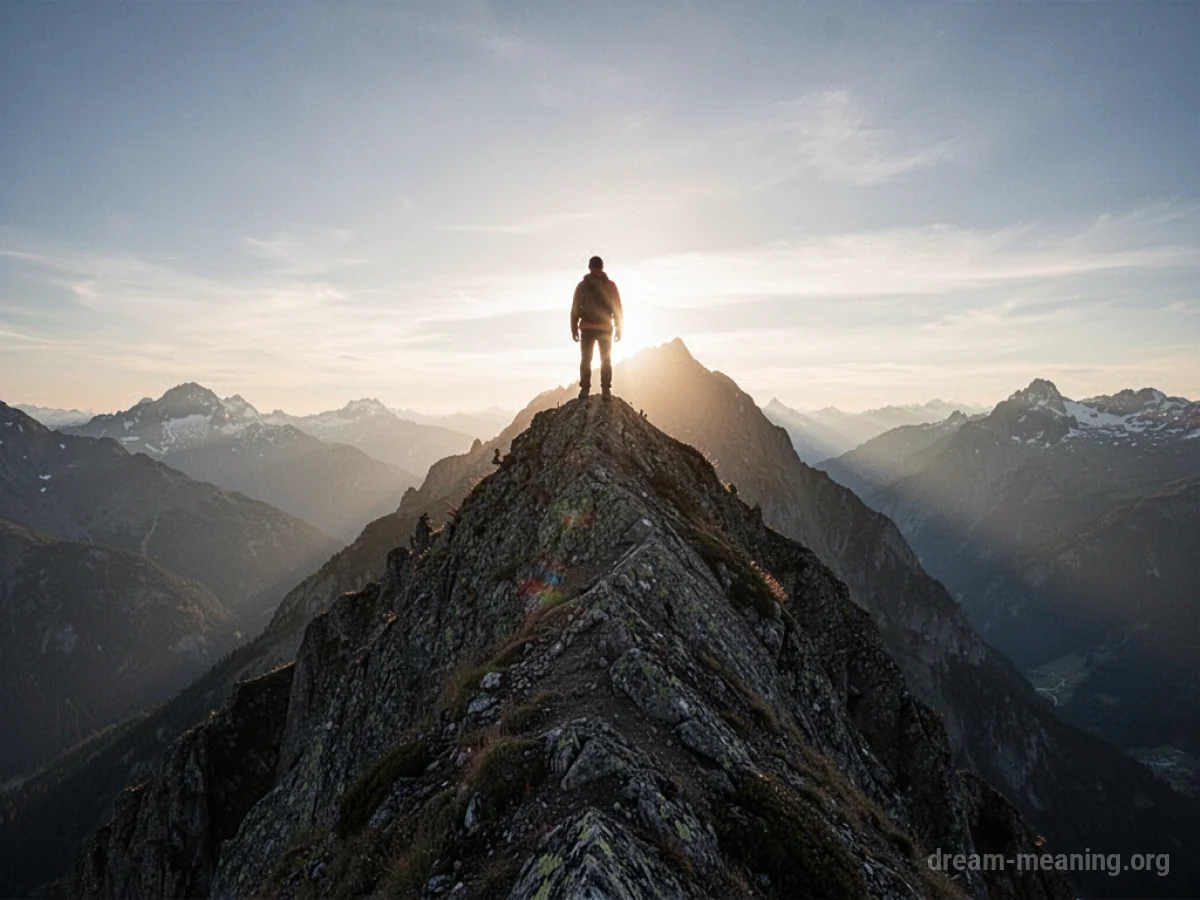 Silhouette of a person standing on a mountain peak.