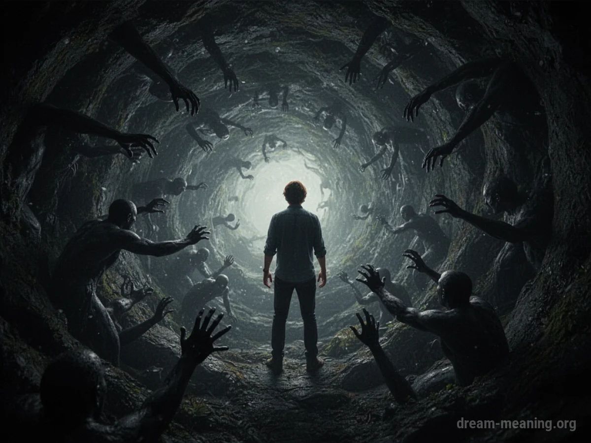A silhouette of a person surrounded by dark, swirling energy and indistinct shadowy forms.