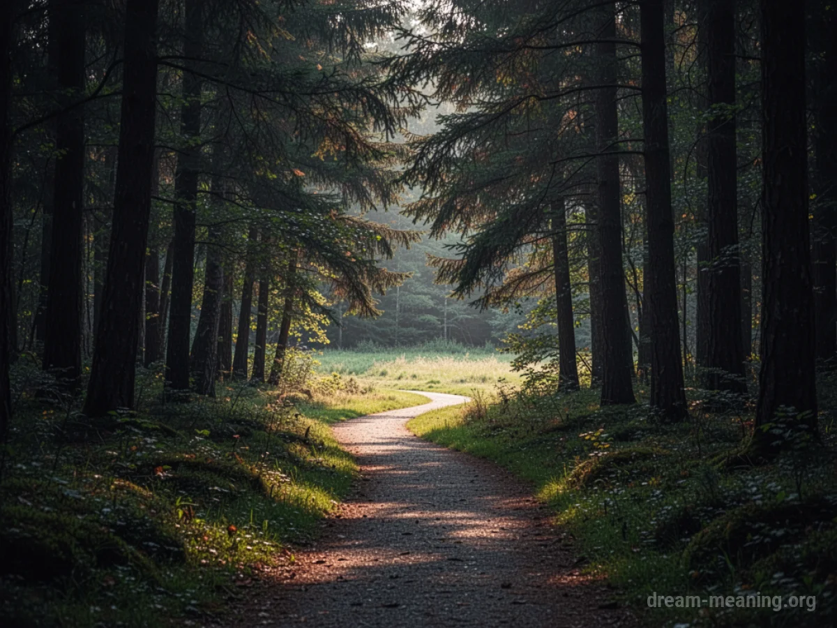 A path emerging from a dark forest into a bright, open space.