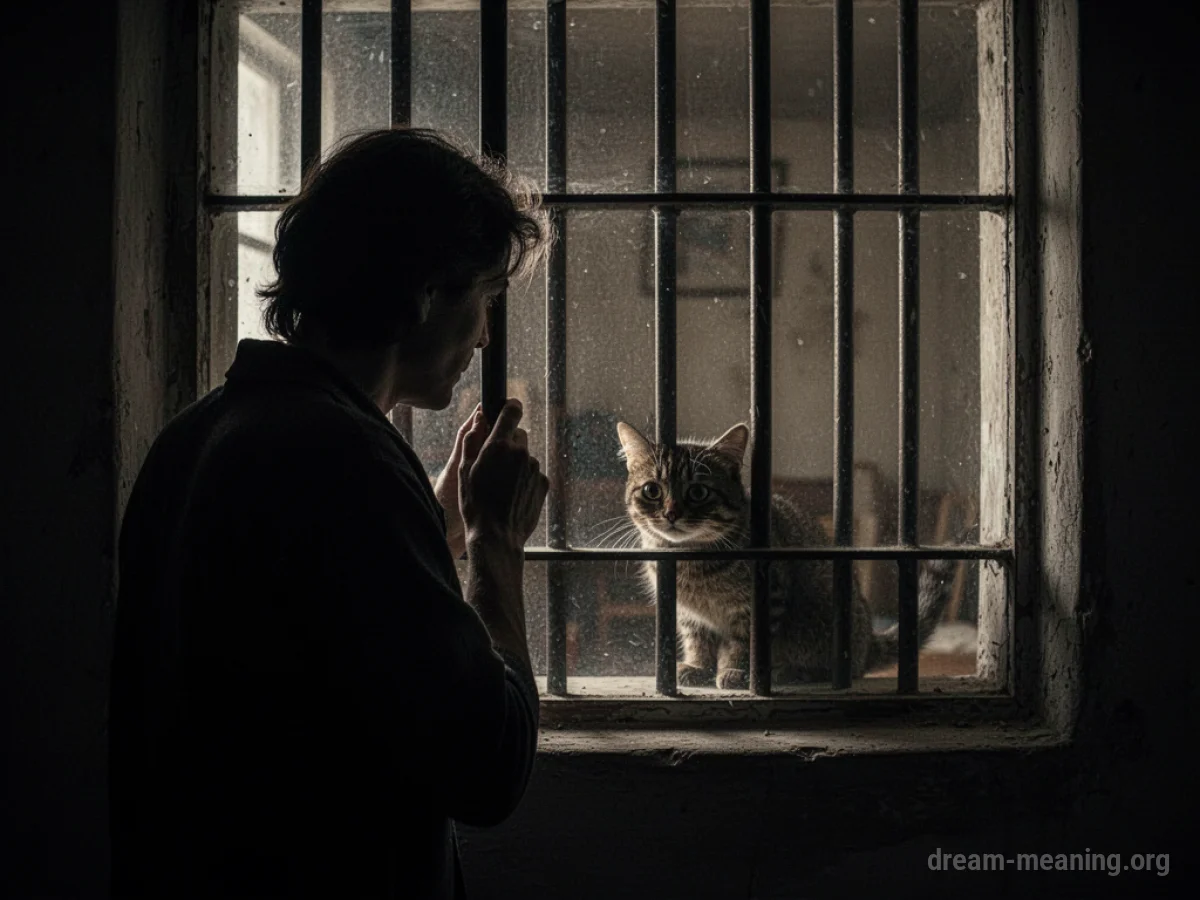 Silhouette of a person looking through bars at a small animal.