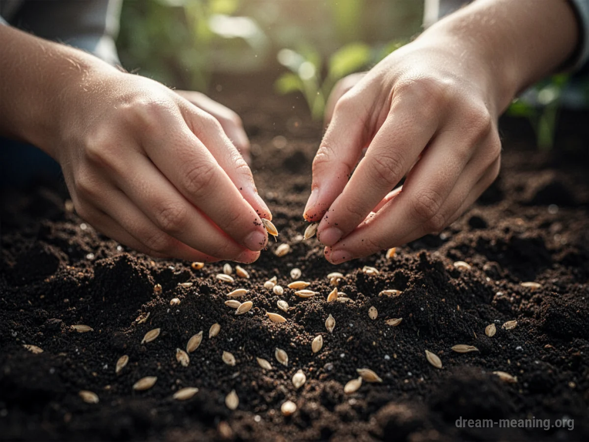 Close-up of hands planting small seeds into rich soil.