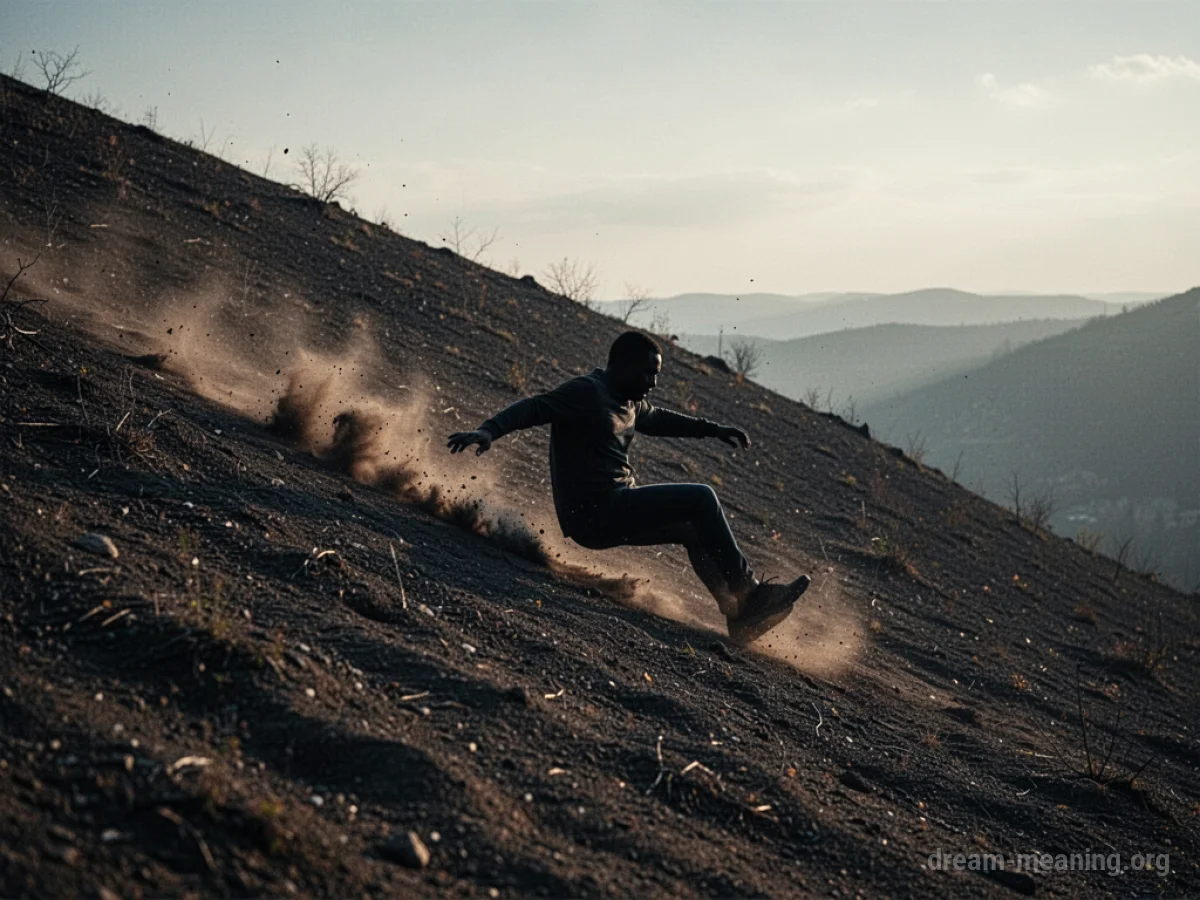 Silhouette of a person sliding down a steep hill.
