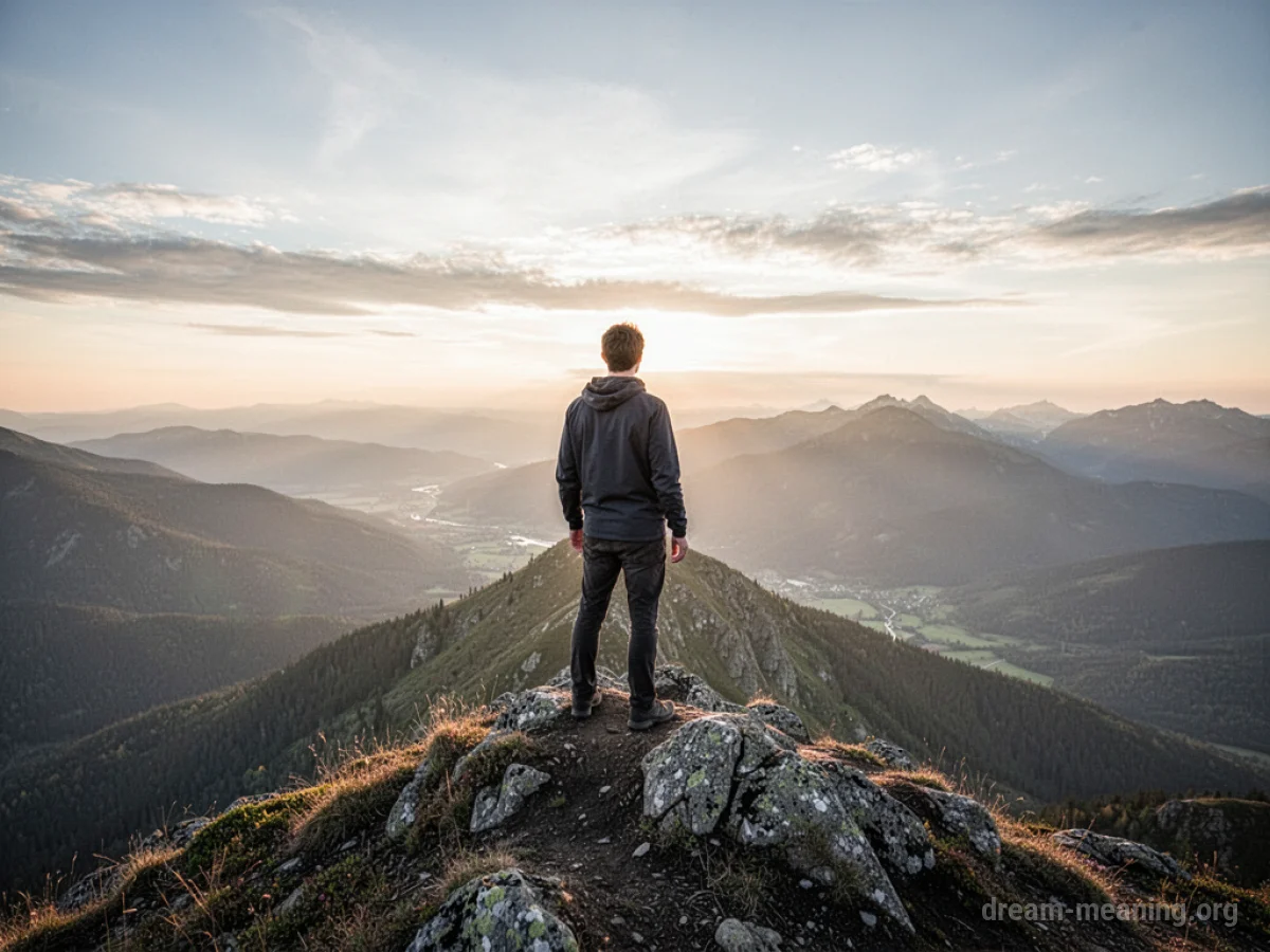 A silhouette of a person standing on a mountain peak.