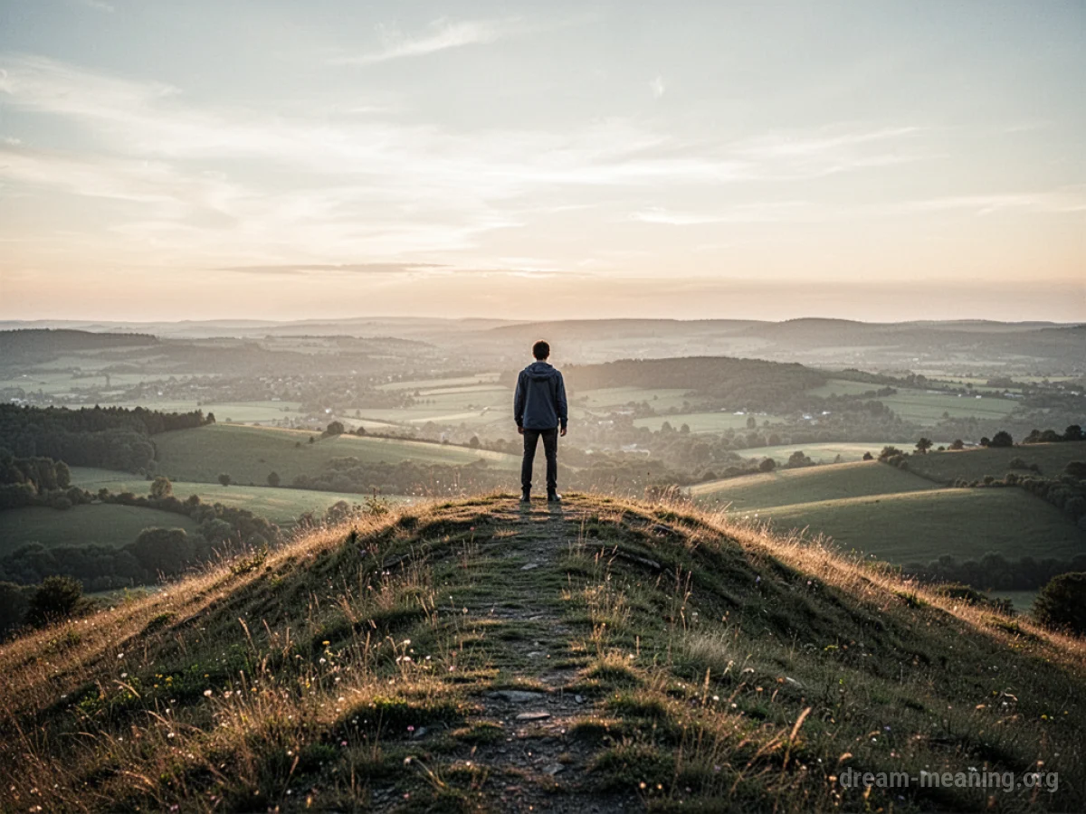 A person silhouetted against a bright sky at the top of a grassy hill.