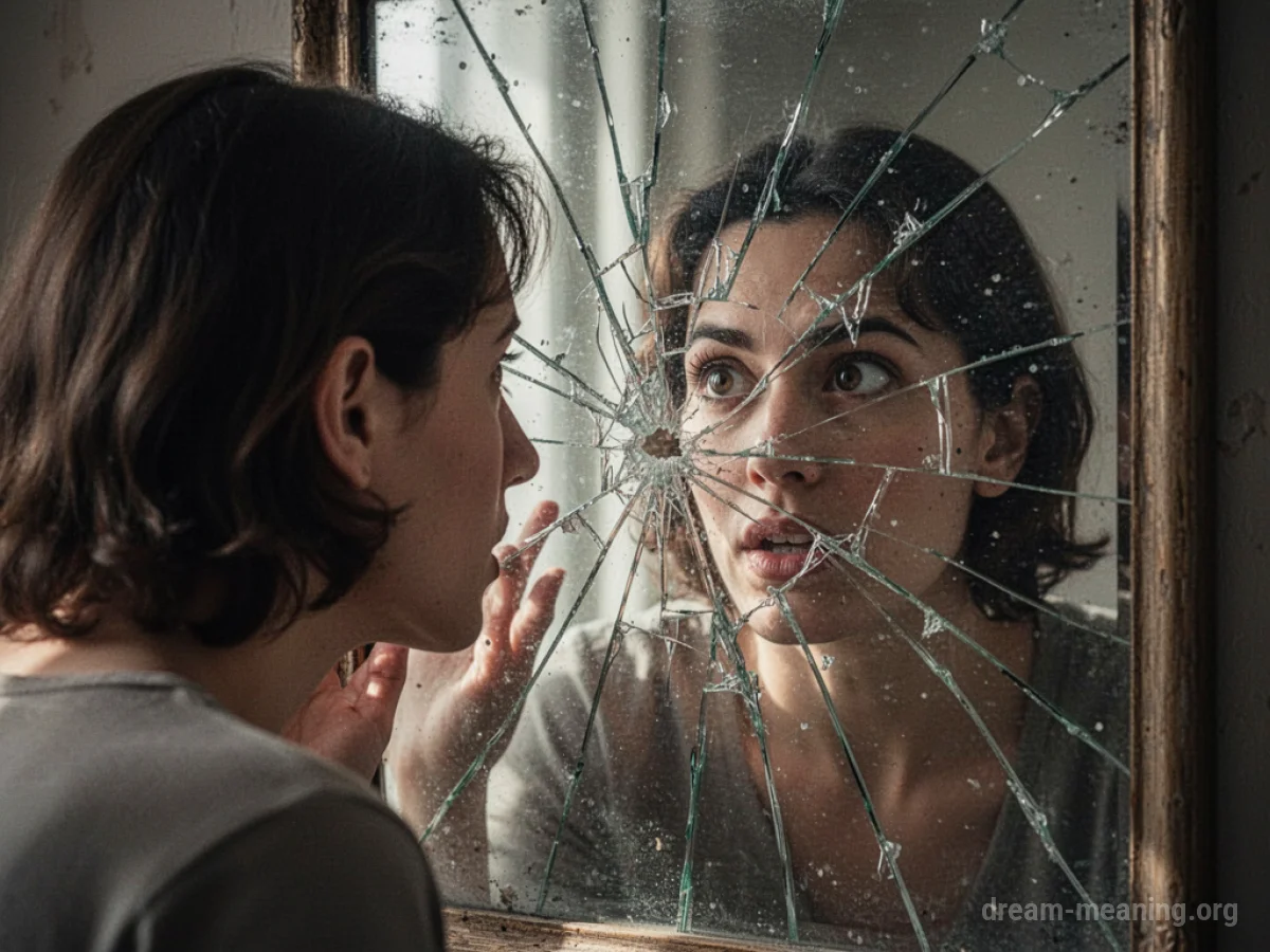 A person's reflection in a fractured mirror.