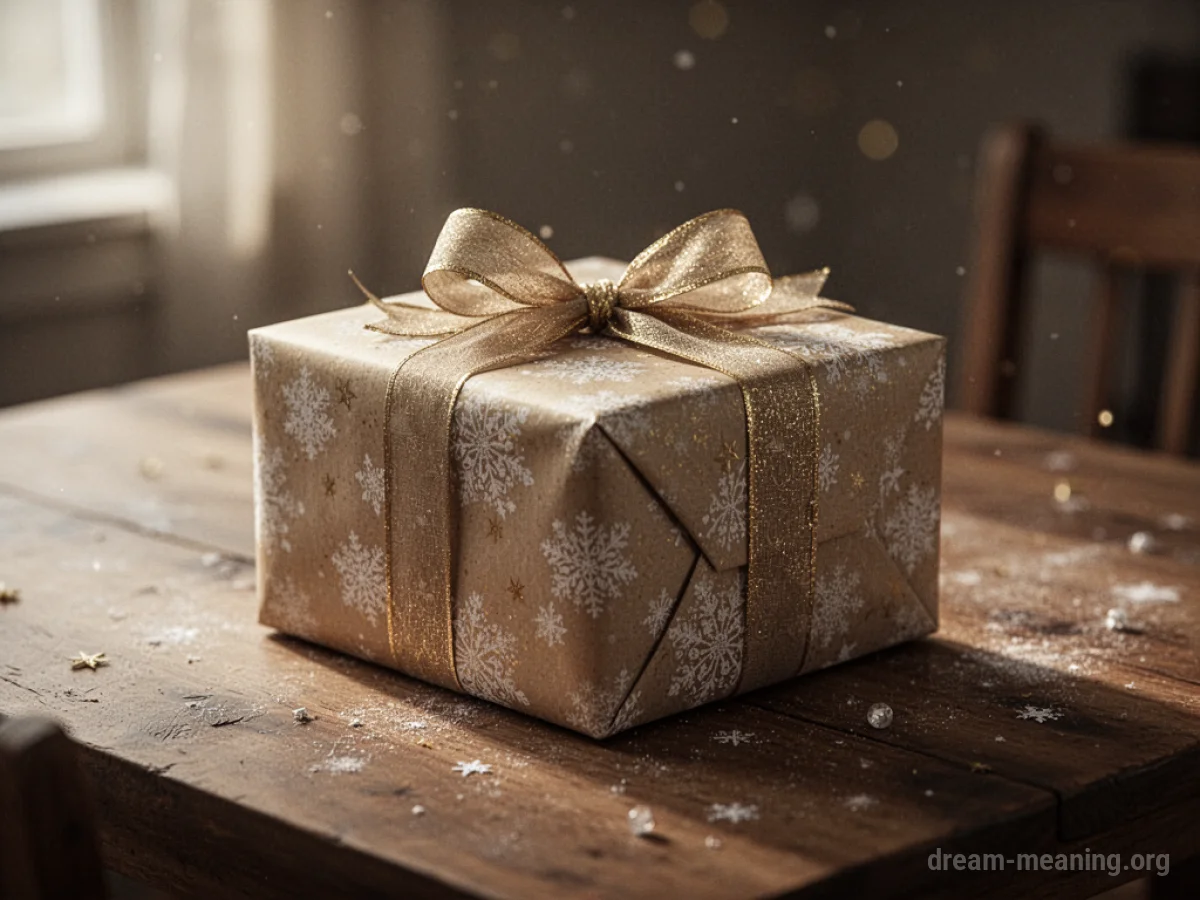A closed gift box with a ribbon sits on a wooden table.