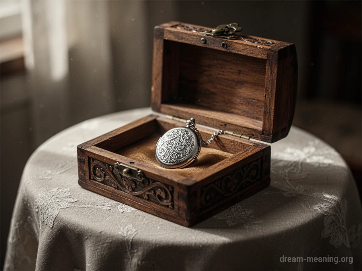 An antique wooden box with a locket inside.