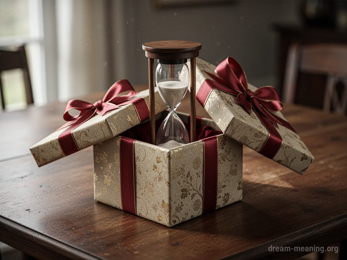 A gift box with an hourglass peeking out.