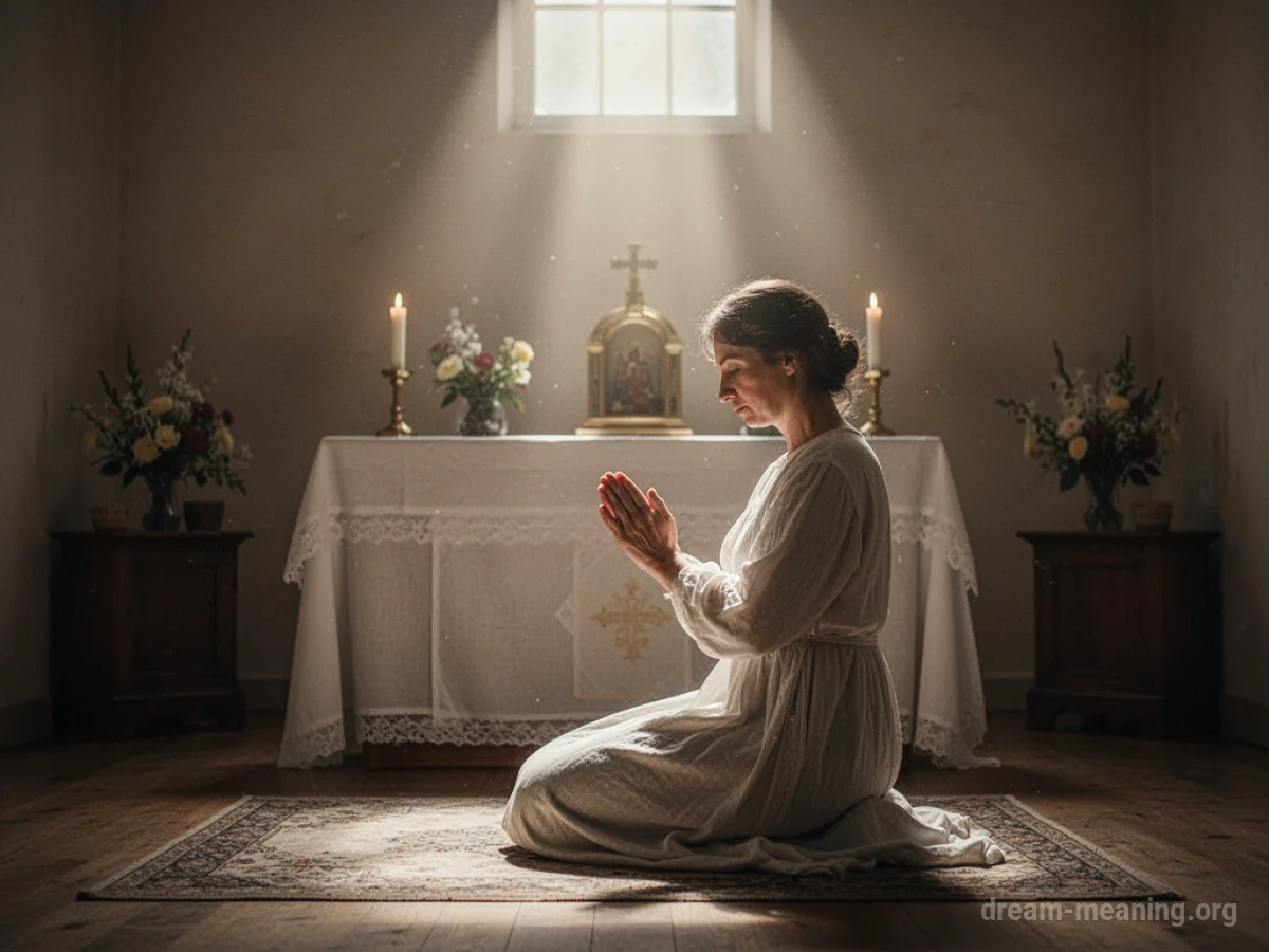 A person kneeling in prayer before a religious altar.