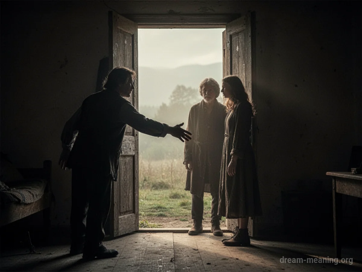 A figure extending a hand towards another figure silhouetted in a doorway.