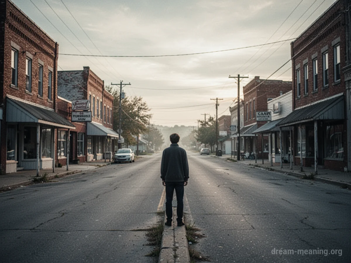 A lone person on a street looking towards a distant town.