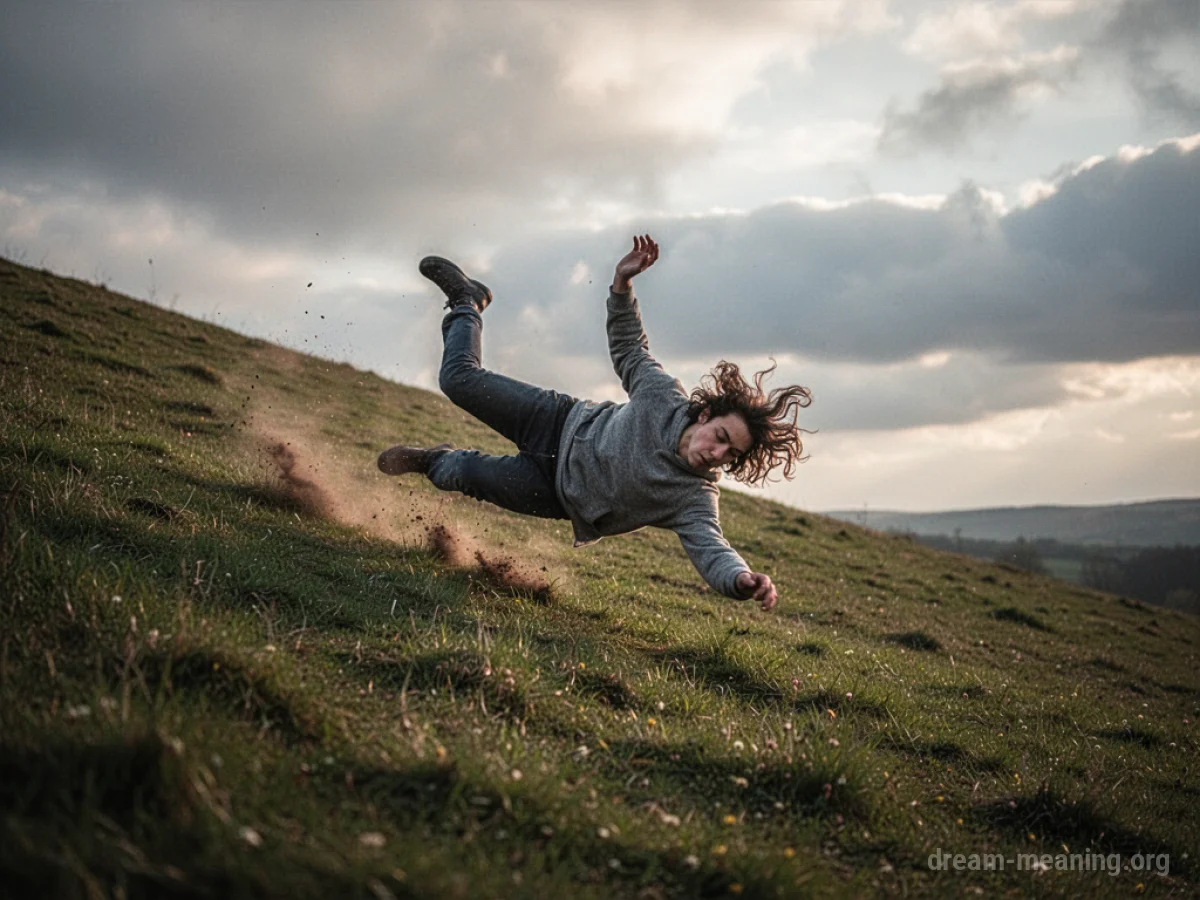A silhouette of a person rolling down a green hill.