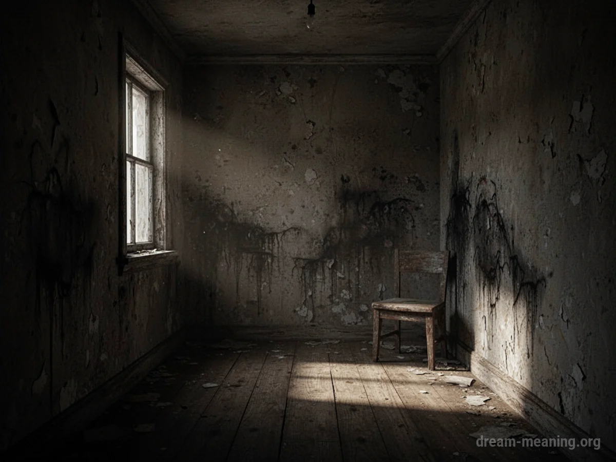 A dark, oppressive room with heavy shadows.