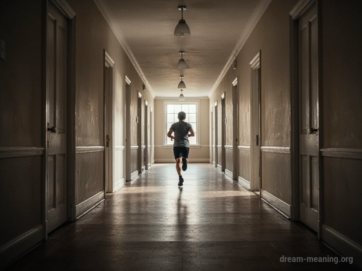A person running down a long, dimly lit hallway towards a distant bright light.
