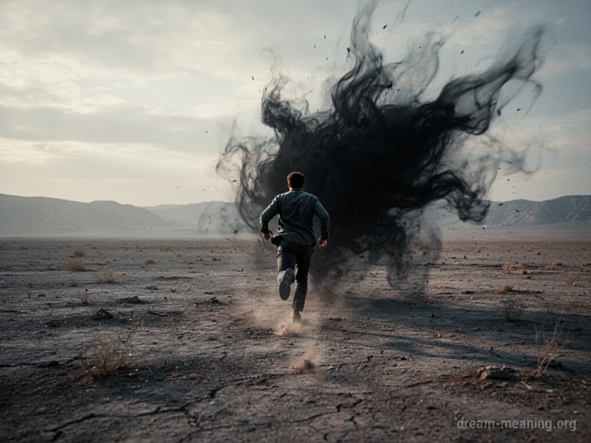 A person running away from a large, dark shadow in an empty field.