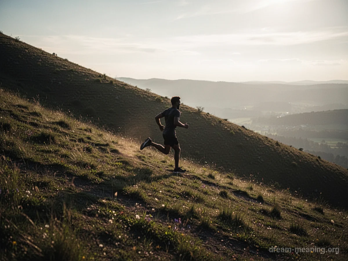 Silhouette of a person running up a steep hill towards the sun.