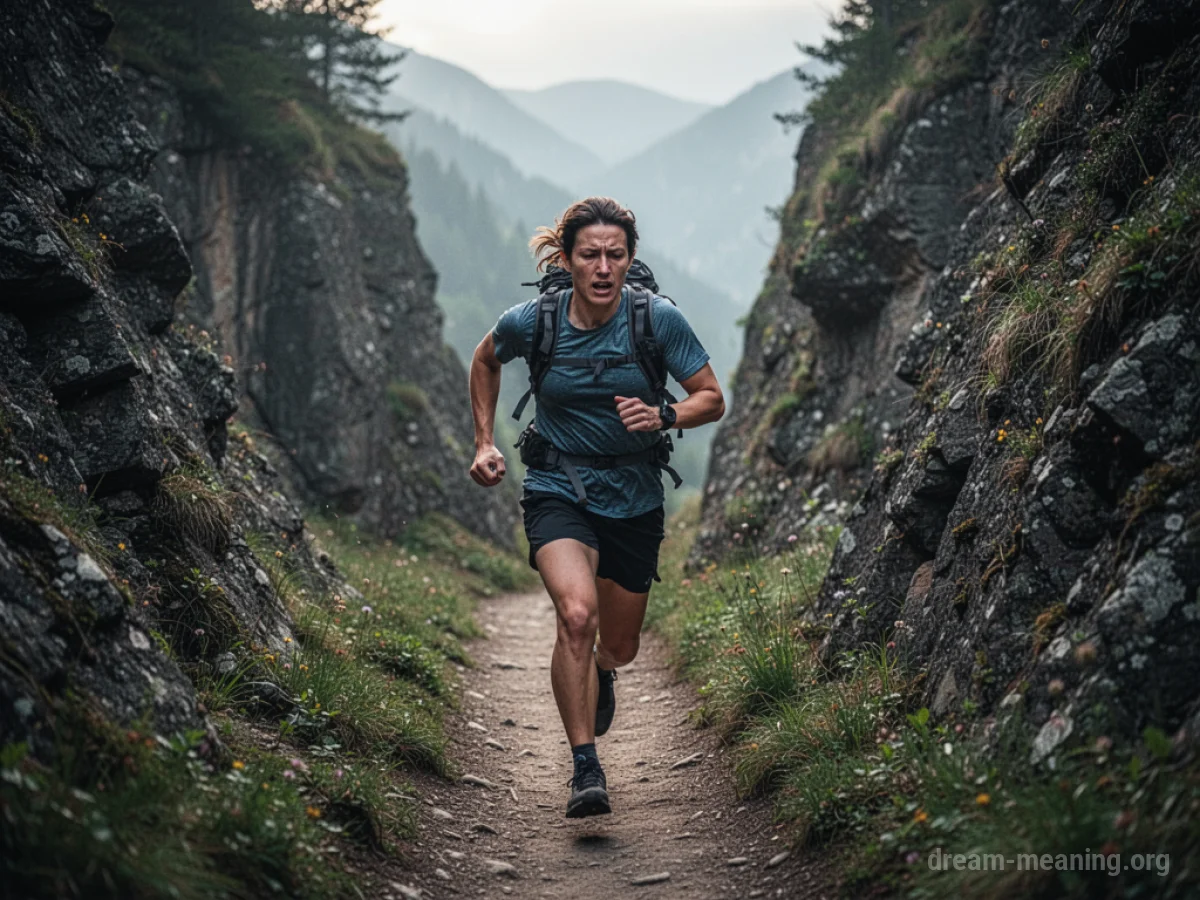 A person running on a narrow hiking path with a steep incline.