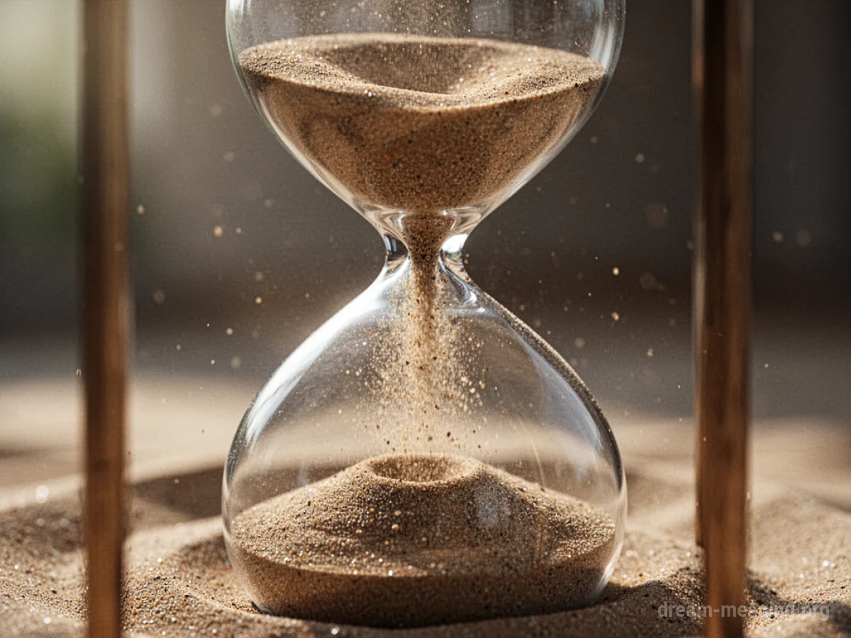 Sand grains rapidly falling through the narrow neck of an hourglass.