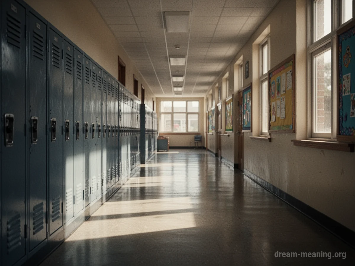 A long, empty school hallway with lockers and sunlight at the end.