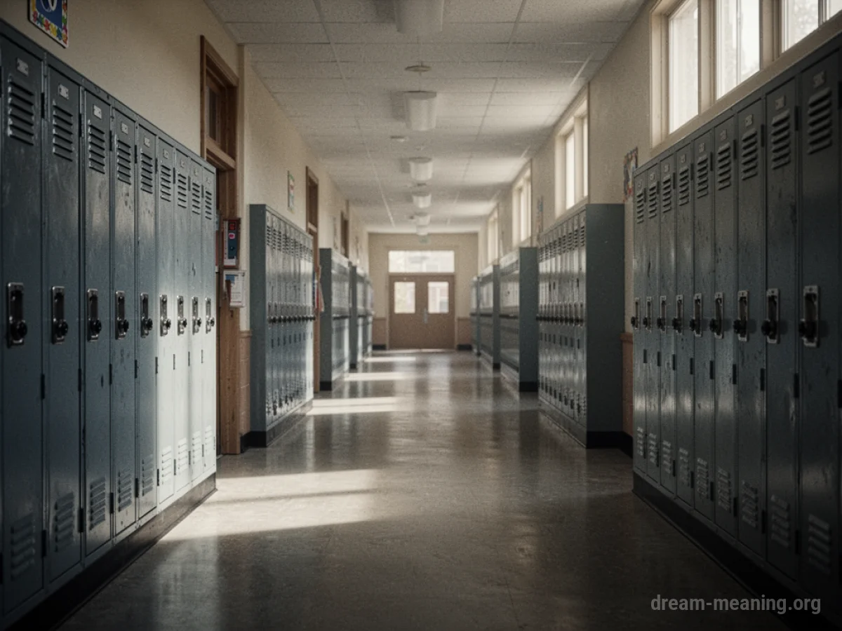 An empty school hallway with rows of lockers.