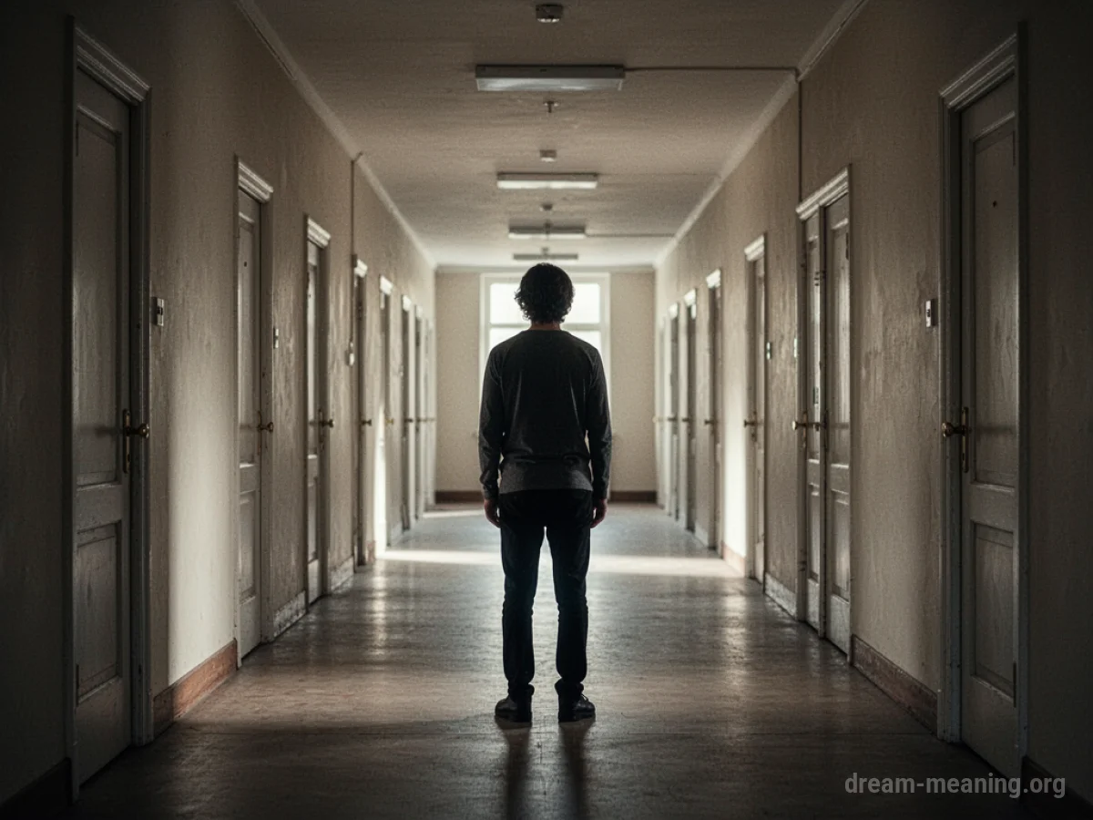 A person in a long hallway facing multiple closed doors.