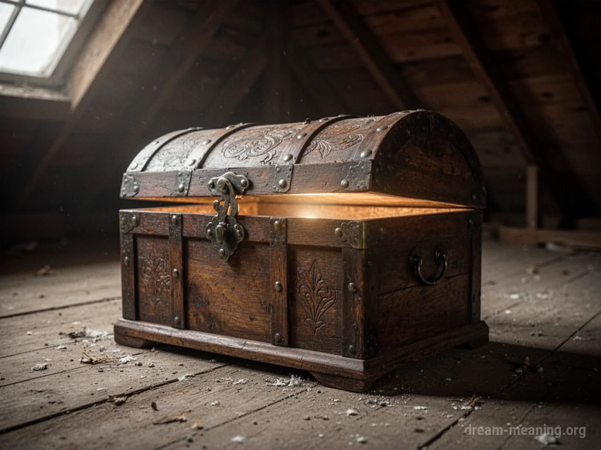 An antique wooden chest with light coming from it in a dusty attic.