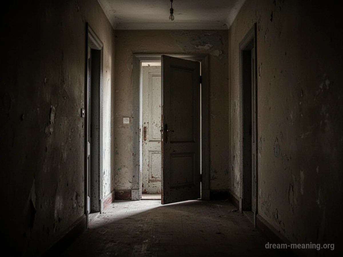 A narrow, dark hallway leading to a faint outline of a door.