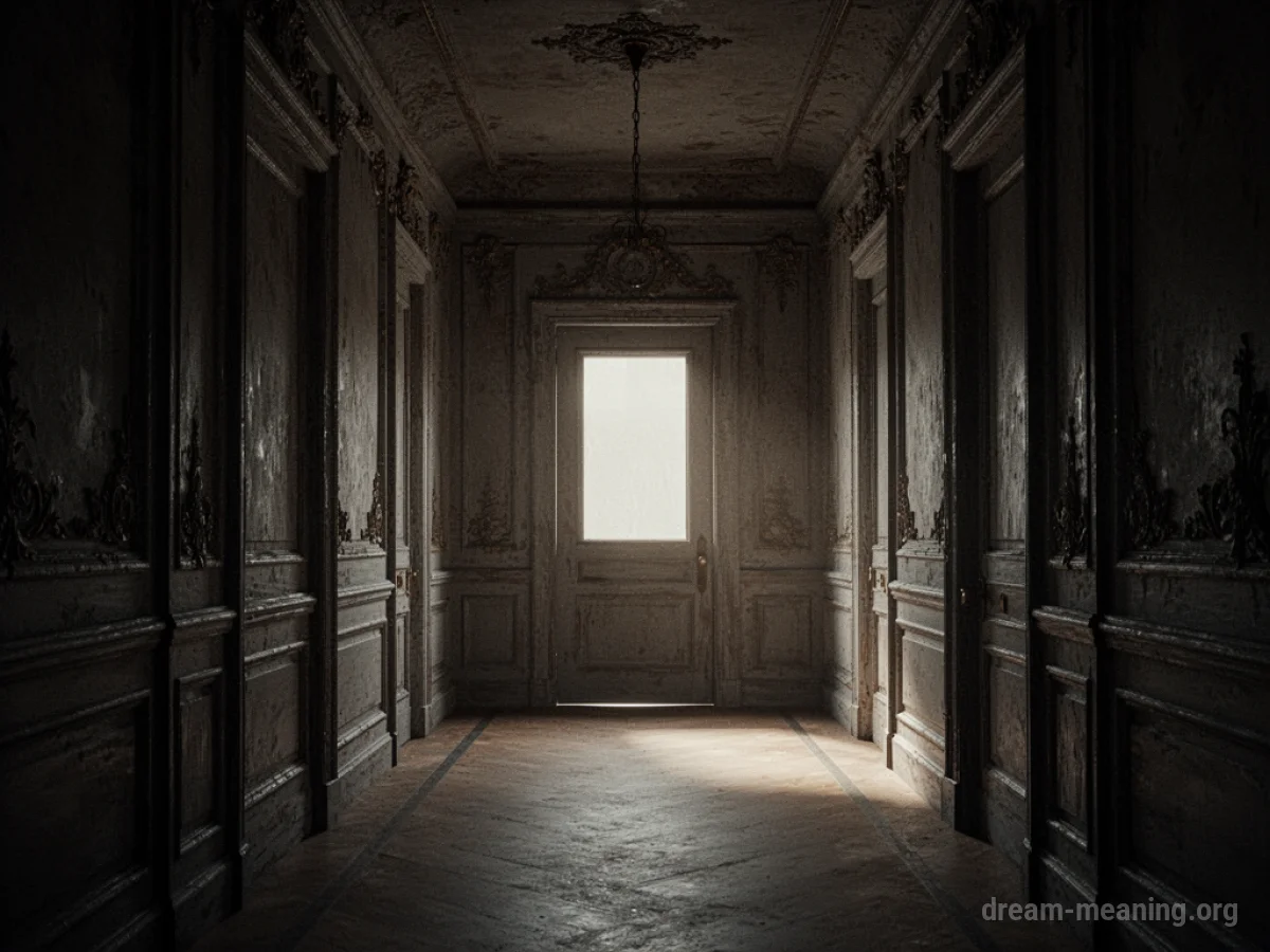A long, dark hallway with a bright light shining from a door at the far end.