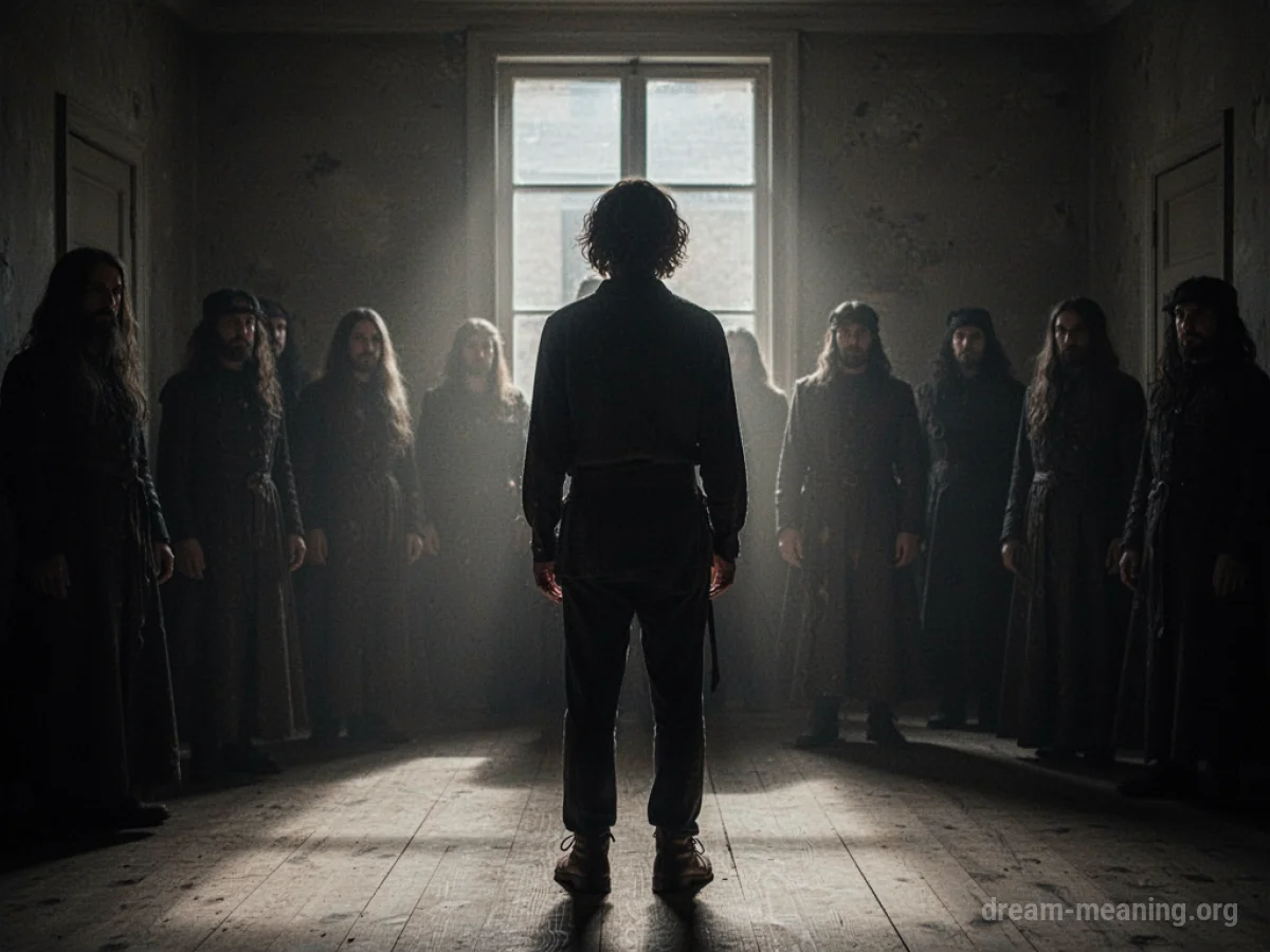 A person stands in a dark room with shadowy figures around them.