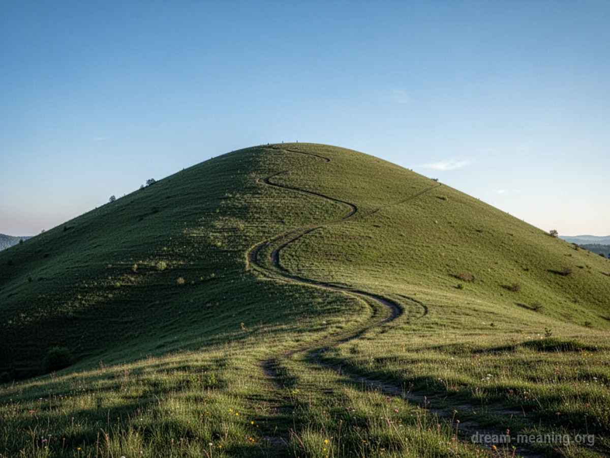 A large green hill with a path winding up its side.