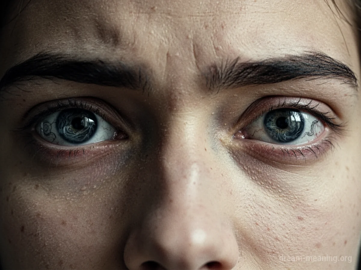 Close-up of a person's eyes with dark, abstract patterns inside the irises.