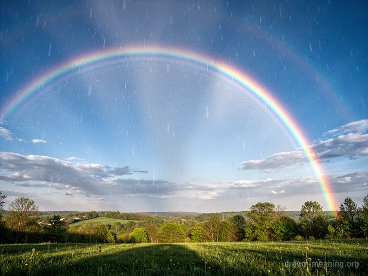 A bright rainbow in a blue sky.