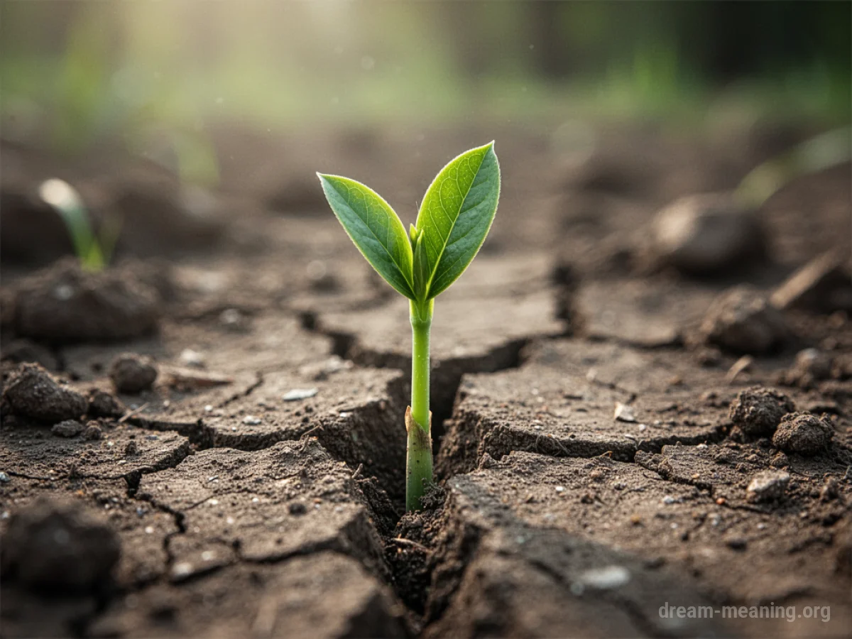 A small green plant emerging from dry, cracked soil.