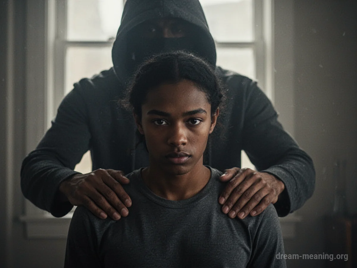 A shadowy figure presses on a person's shoulders.