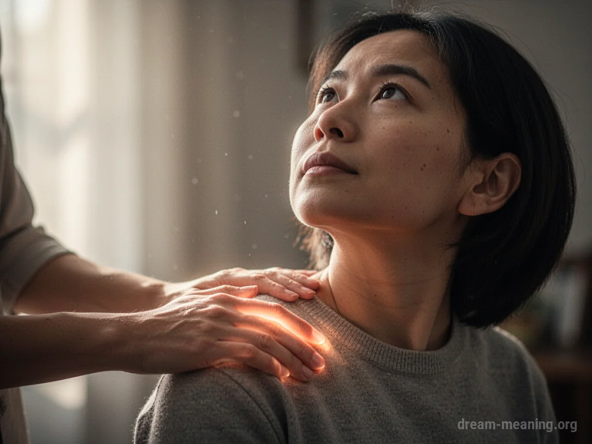 A hand glowing with light rests on another person's shoulder.