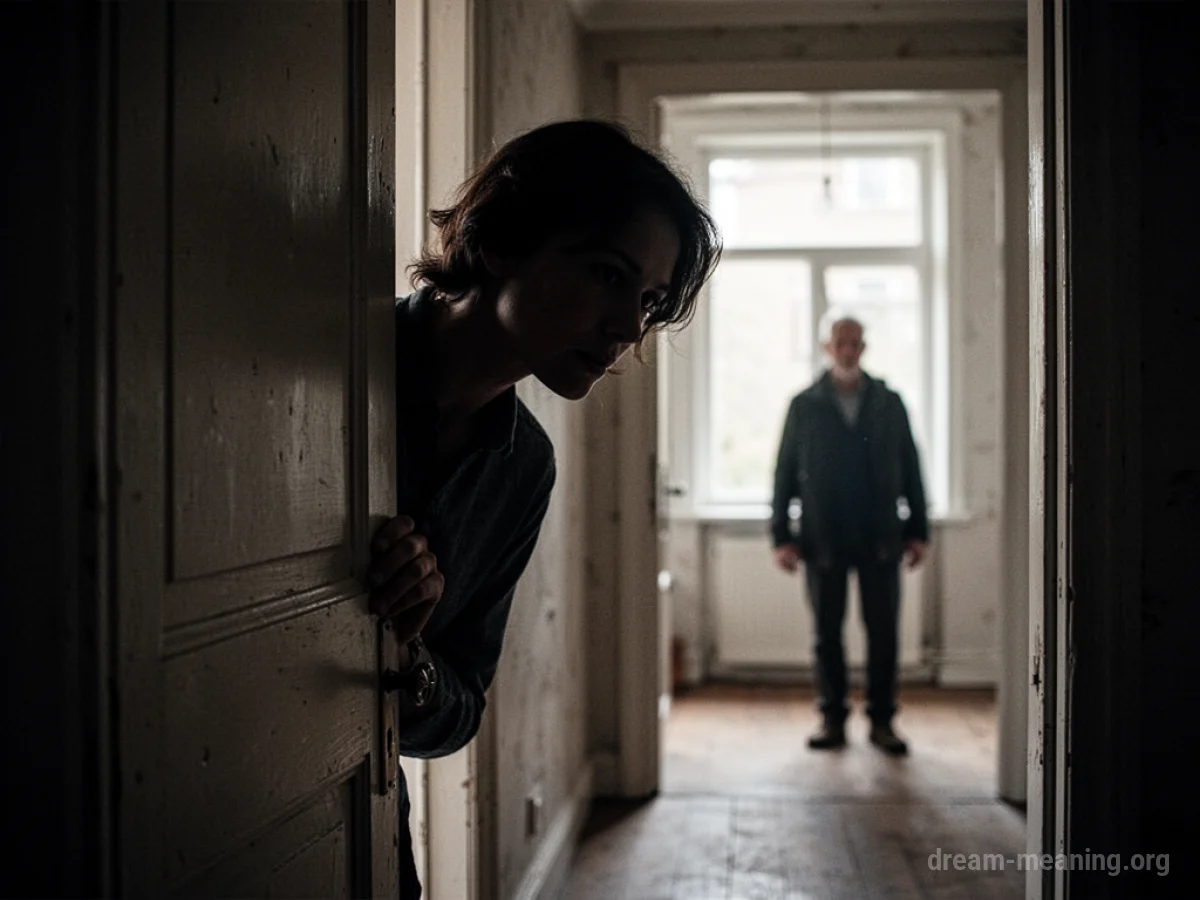 A shadowy figure partially obscured by a doorframe, looking towards another person in the background.