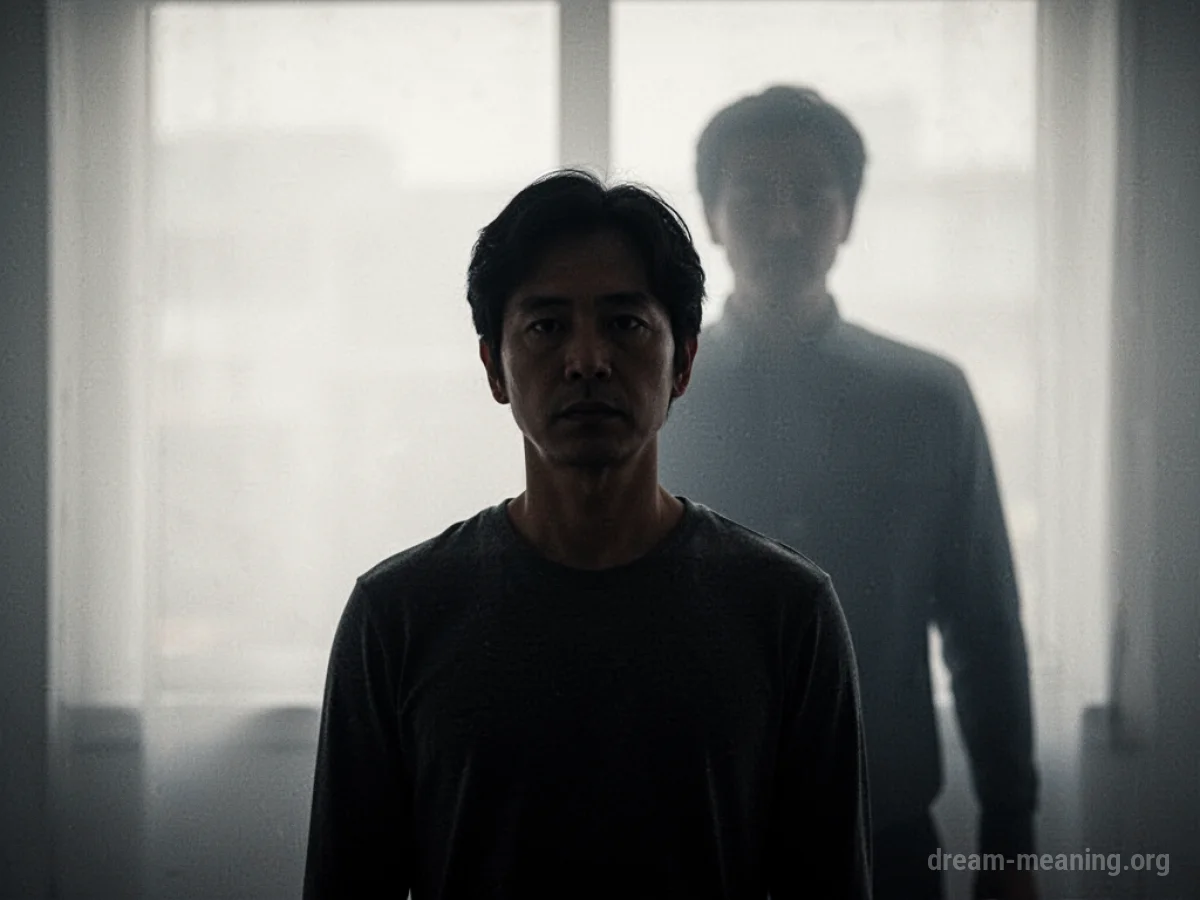 Silhouette of a person standing in front of a bright light with a dark shadow figure behind them.