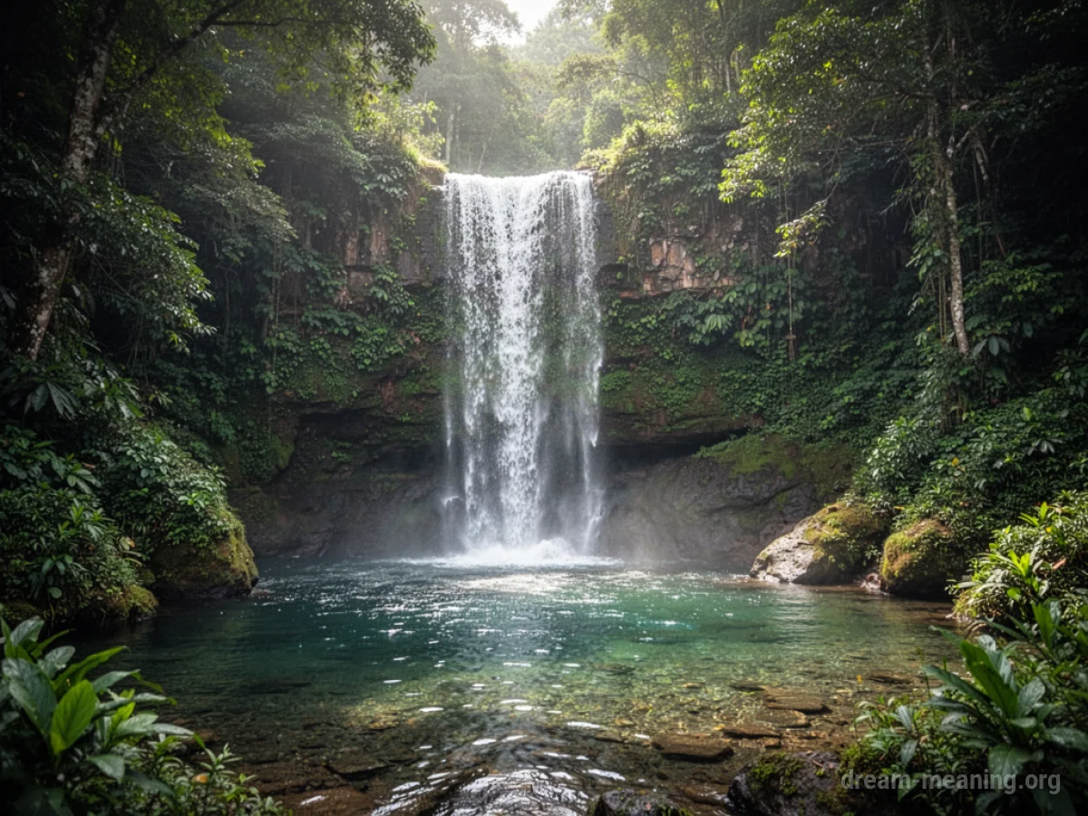 A waterfall flowing into a pool of clear water.