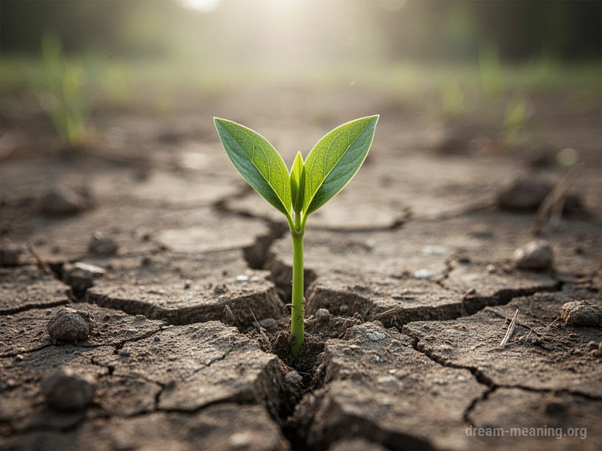 A small green plant growing from dry, cracked ground.