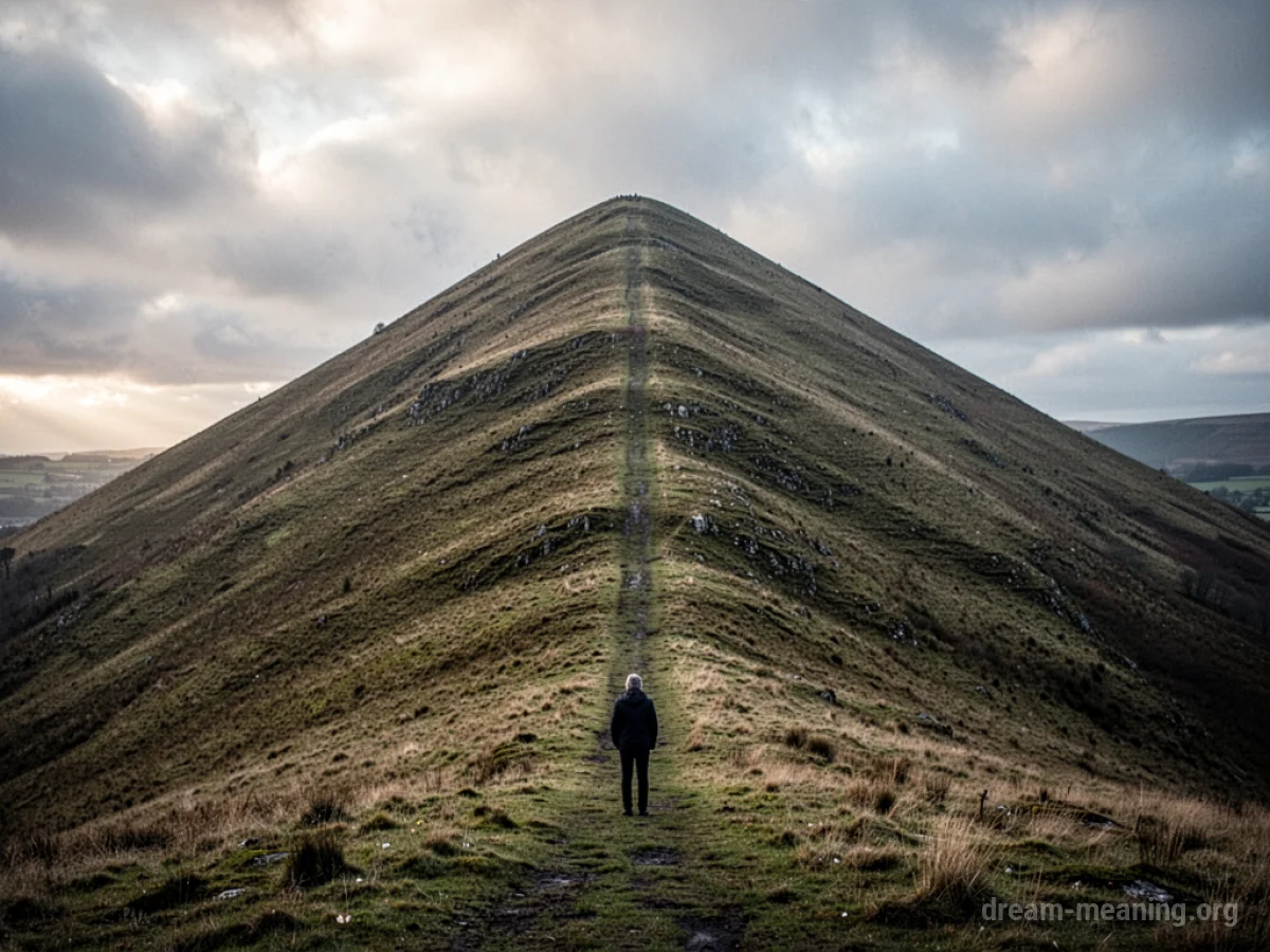 A person looking up at a very steep incline.