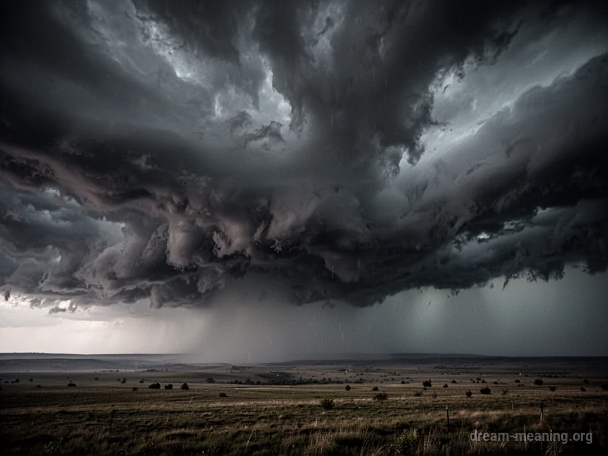 A dark, cloudy sky looms over a distant, hazy horizon line.