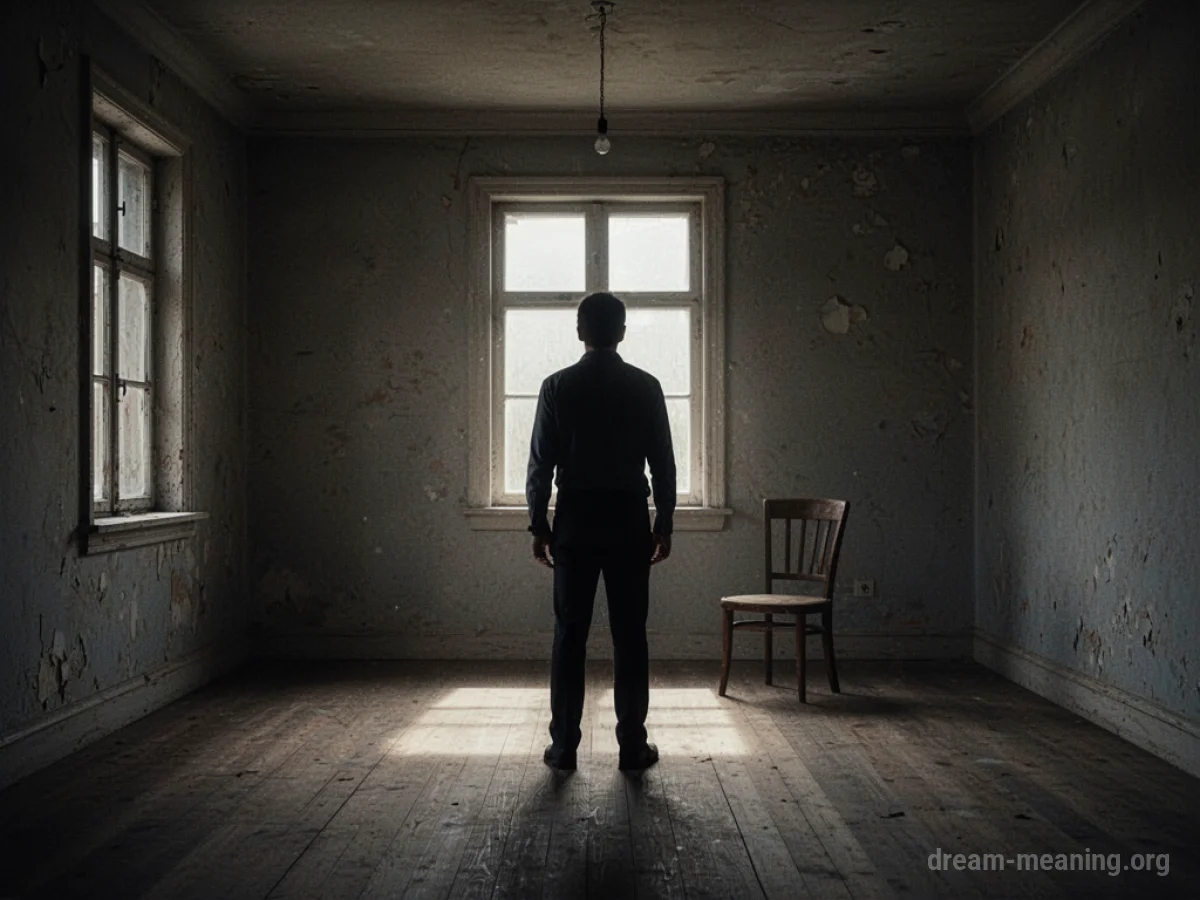 A solitary silhouette stands in a doorway looking into a dimly lit room with a single empty chair.