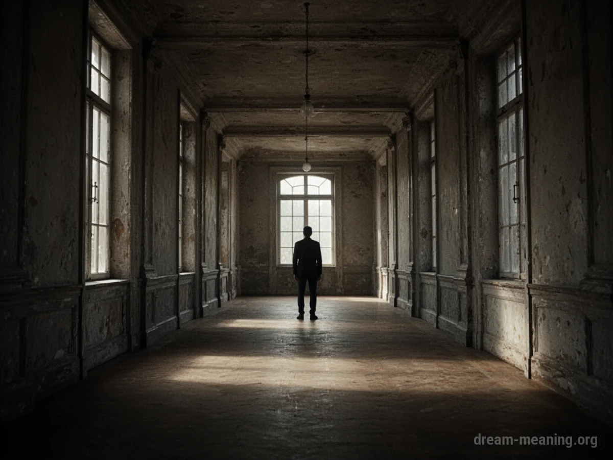 A silhouette of a person stands at the end of a long, shadowed hall.