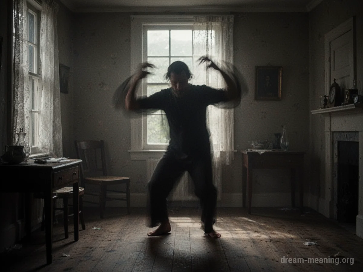 Silhouette of a person in a room performing an odd gesture.