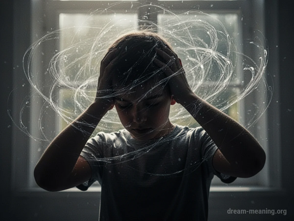 Silhouette of a person clutching their head with abstract lines radiating outwards.