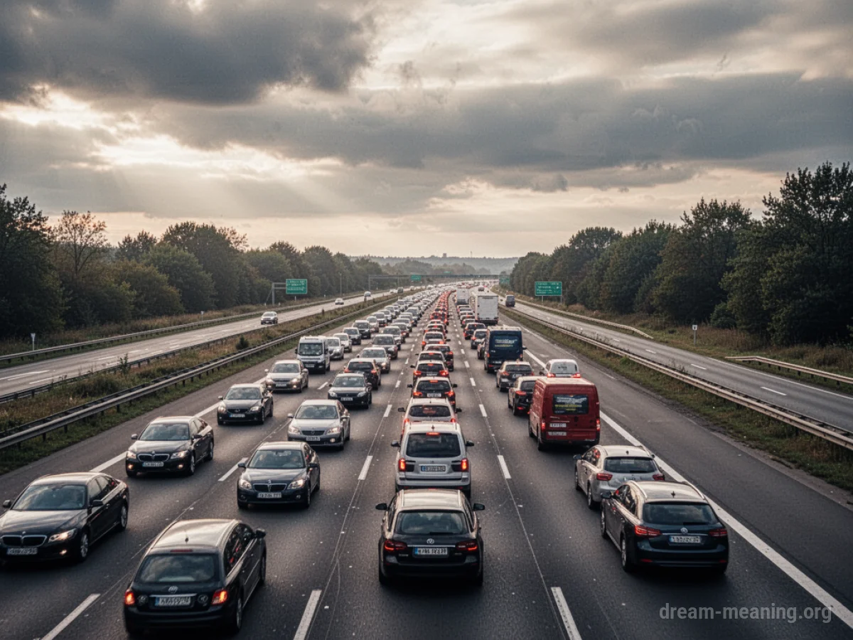 A view from above of many cars motionless on a highway.