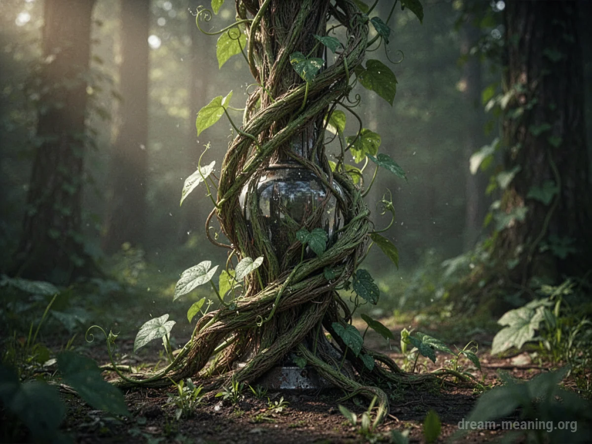 A thick vine rapidly growing and wrapping around a chair.