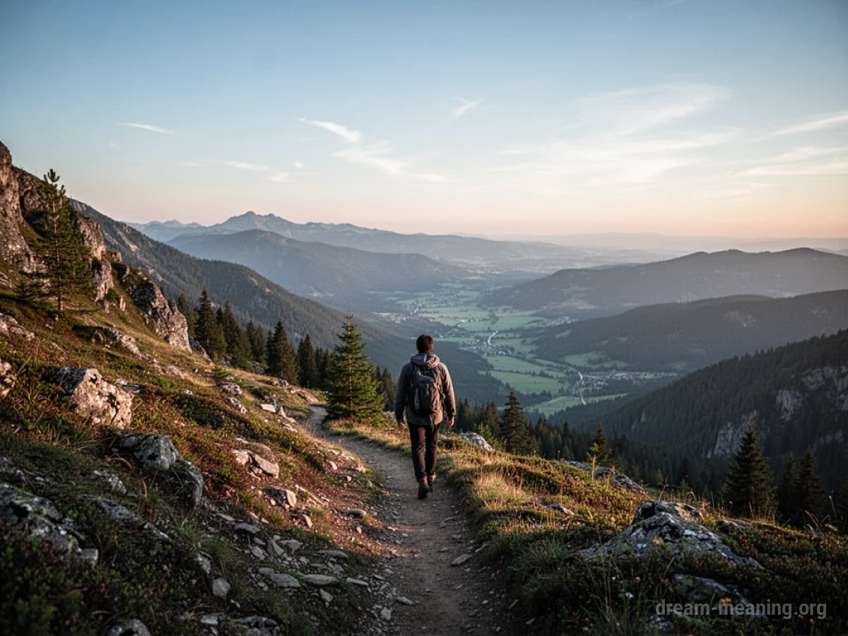 A person walking on a narrow mountain path with a wide, open landscape in the background.