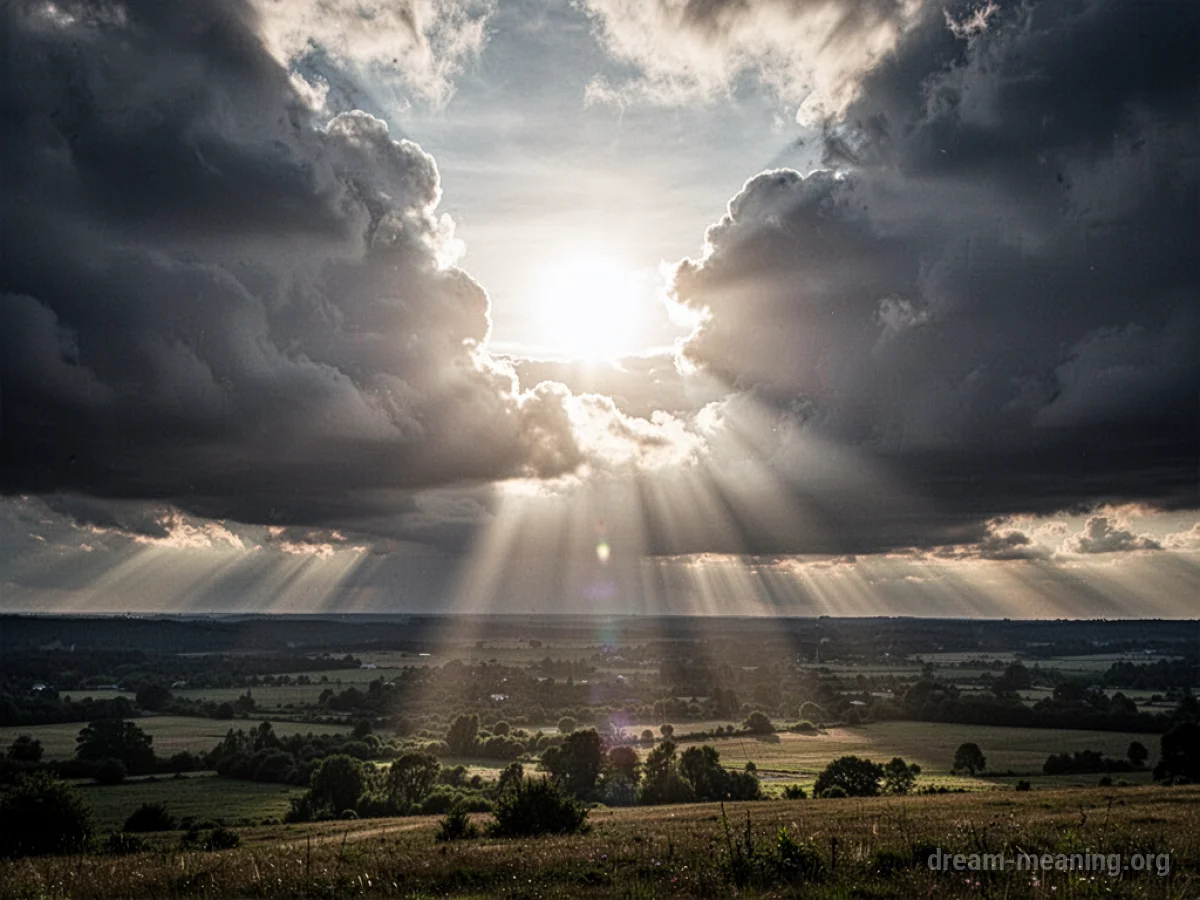 Sunlight streams through dark clouds, illuminating the sky and land.